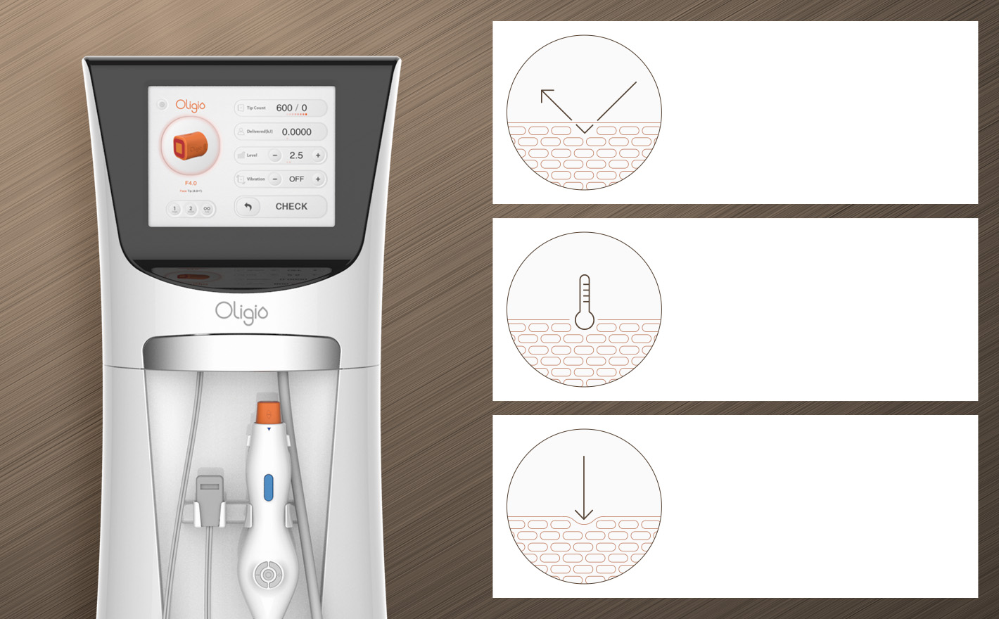 3 Checking Systems : Optimized energy output is ensured by checking whether the current is flowing in the tissue smoothly., Reduces side effects such as burns by checking the temperature of the skin contact surface in real time, Operates only at the optimal pressure to ensure safety