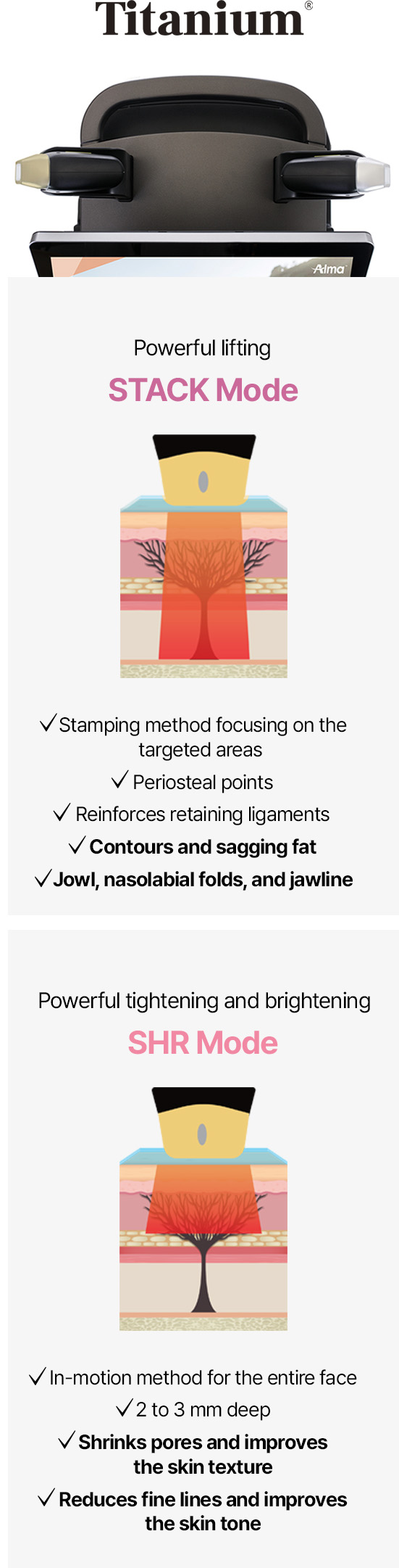 Customized lifting for each targeted area with two modes Stack Mode & SHR Mode to improve various skin concerns at once